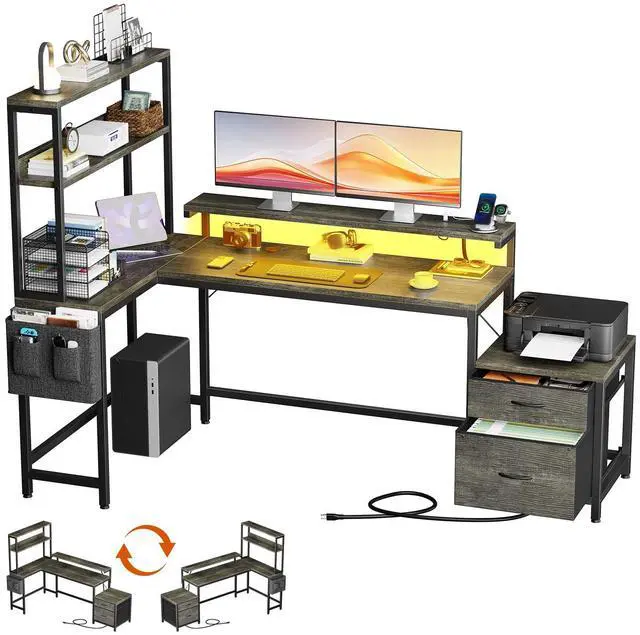 Main image of 70 Inch L Shaped Desk with File Drawers and Reversible Storage Shelves, Computer Desk with Power Outlet & LED Strip, Home Office Desks, Bookshelf Desk, Writing Study Desk for Bedroom, Grey Oak