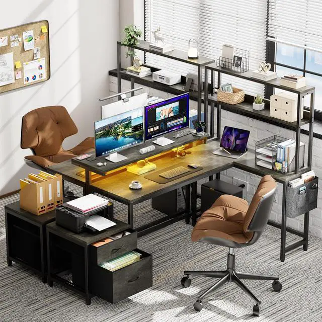 Alt view image 2 of 6 - 70 Inch L Shaped Desk with File Drawers and Reversible Storage Shelves, Computer Desk with Power Outlet & LED Strip, Home Office Desks, Bookshelf Desk, Writing Study Desk for Bedroom, Grey Oak