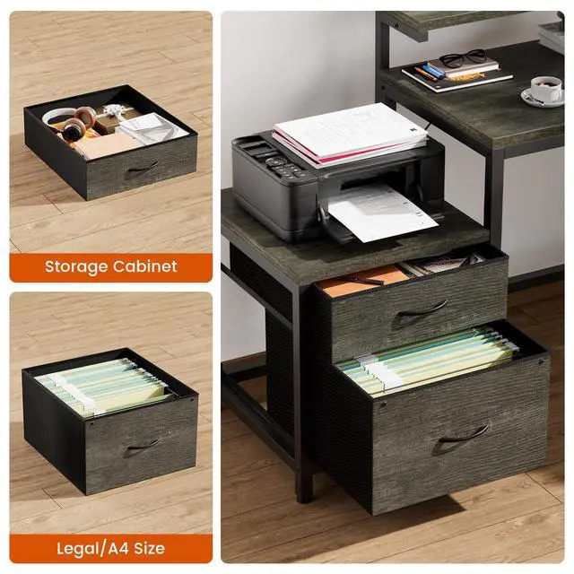 Alt view image 6 of 6 - 70 Inch L Shaped Desk with File Drawers and Reversible Storage Shelves, Computer Desk with Power Outlet & LED Strip, Home Office Desks, Bookshelf Desk, Writing Study Desk for Bedroom, Grey Oak