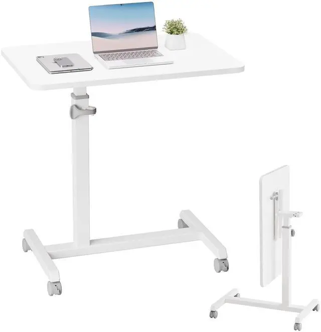 Main image of Small Standing Desk, 24 Inches Foldable Mobile Rolling Laptop PC Table with Lockable Casters, Adjustable Height Overbed Bedside Table Computer Workstation for Home Office, White-Foldable