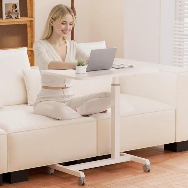 Alt view image 2 of 6 - Small Standing Desk, 24 Inches Foldable Mobile Rolling Laptop PC Table with Lockable Casters, Adjustable Height Overbed Bedside Table Computer Workstation for Home Office, White-Foldable