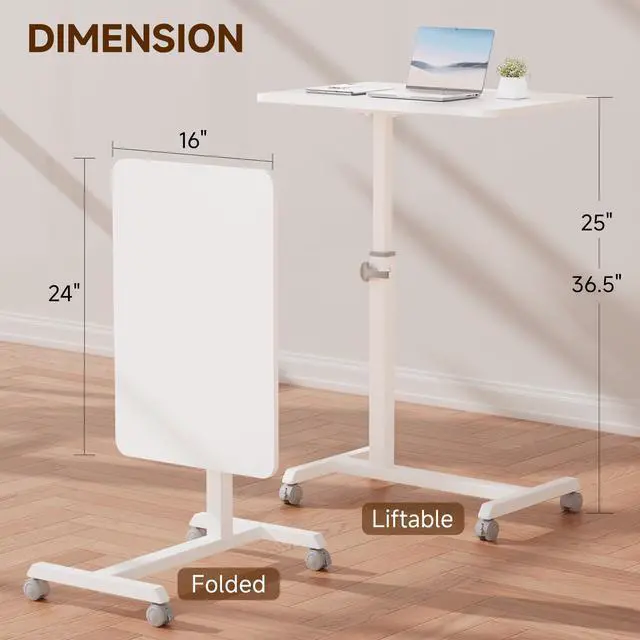 Alt view image 3 of 6 - Small Standing Desk, 24 Inches Foldable Mobile Rolling Laptop PC Table with Lockable Casters, Adjustable Height Overbed Bedside Table Computer Workstation for Home Office, White-Foldable