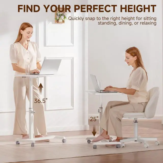 Alt view image 4 of 6 - Small Standing Desk, 24 Inches Foldable Mobile Rolling Laptop PC Table with Lockable Casters, Adjustable Height Overbed Bedside Table Computer Workstation for Home Office, White-Foldable