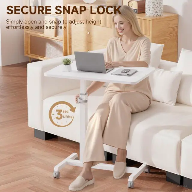 Alt view image 5 of 6 - Small Standing Desk, 24 Inches Foldable Mobile Rolling Laptop PC Table with Lockable Casters, Adjustable Height Overbed Bedside Table Computer Workstation for Home Office, White-Foldable