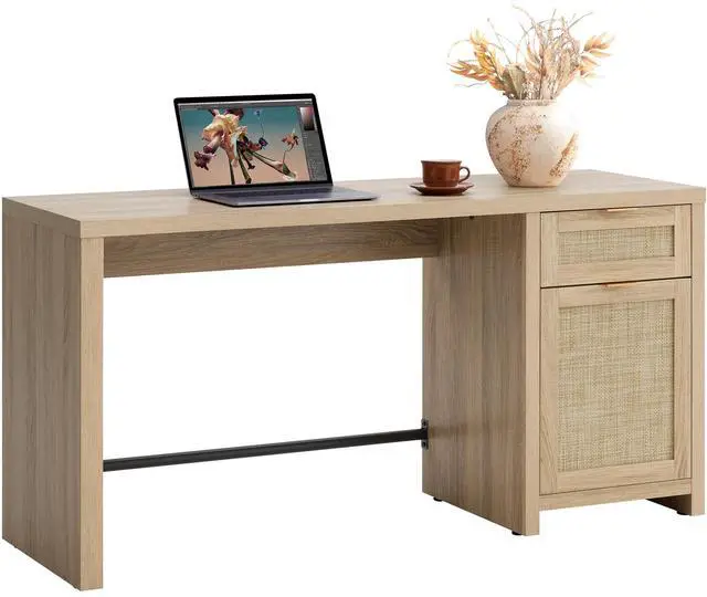 Main image of 59" Rattan Computer Desk Wood Desk, Home Office Desk with Drawer | Large Boho Farmhouse Writing Table Vanity Desk with Cabinet for Office, Study, Living Room, Dining Room