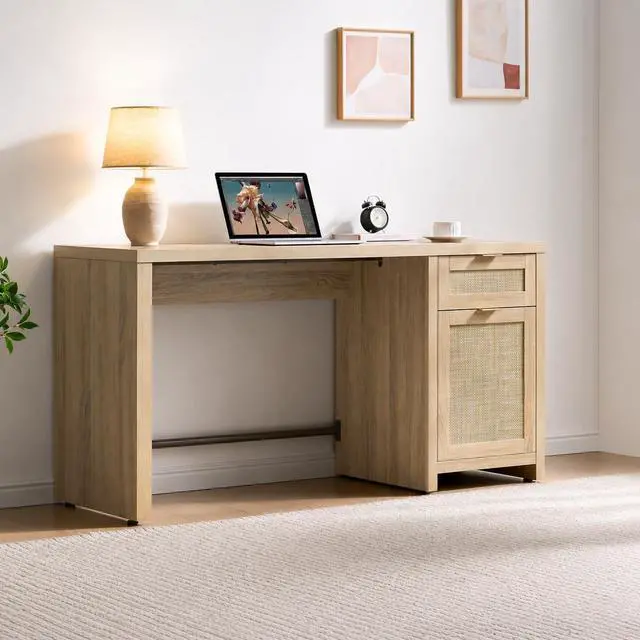 Alt view image 2 of 6 - 59" Rattan Computer Desk Wood Desk, Home Office Desk with Drawer | Large Boho Farmhouse Writing Table Vanity Desk with Cabinet for Office, Study, Living Room, Dining Room