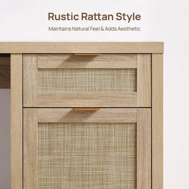 Alt view image 5 of 6 - 59" Rattan Computer Desk Wood Desk, Home Office Desk with Drawer | Large Boho Farmhouse Writing Table Vanity Desk with Cabinet for Office, Study, Living Room, Dining Room