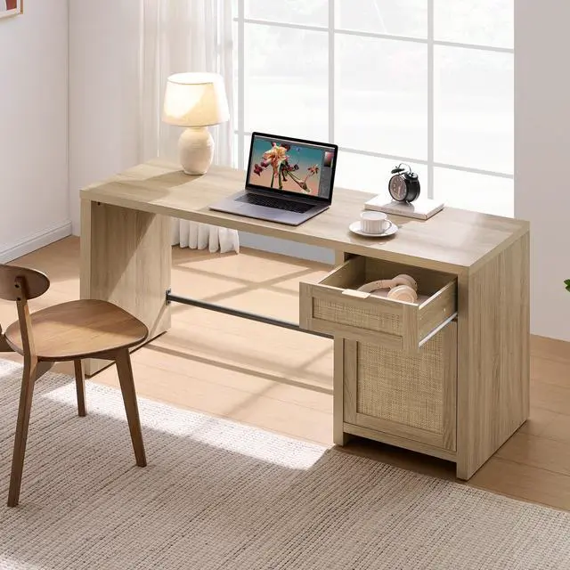 Alt view image 6 of 6 - 59" Rattan Computer Desk Wood Desk, Home Office Desk with Drawer | Large Boho Farmhouse Writing Table Vanity Desk with Cabinet for Office, Study, Living Room, Dining Room