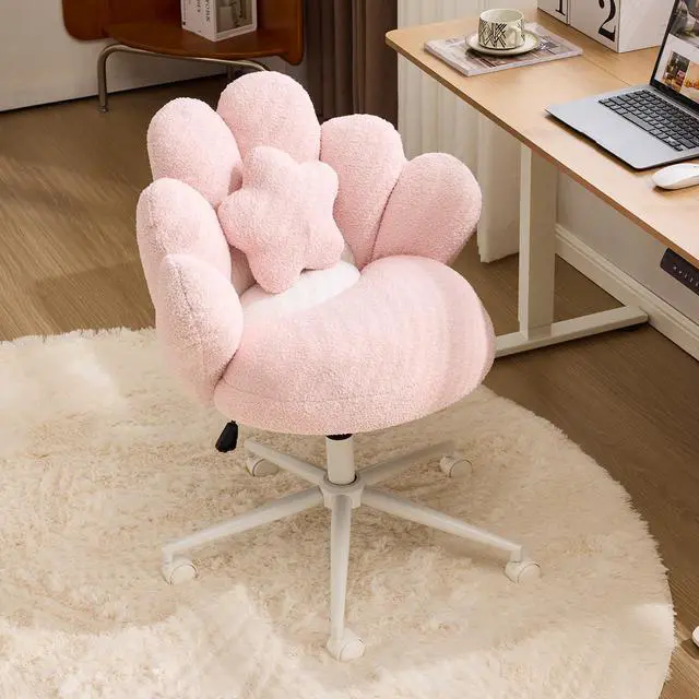 Main image of Lovely Petal Vanity Desk Chair with Star Pillow, Height Adjustable Armless Swivel Chair in Vibrant Color-Blocking, Modern Computer Task Chair for Bedroom & Home Office, Teddy Fleece,Pink