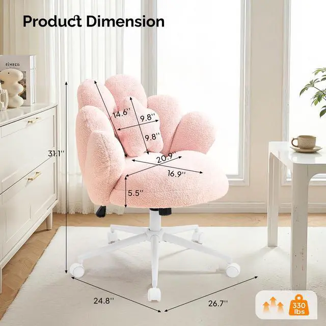 Alt view image 2 of 6 - Lovely Petal Vanity Desk Chair with Star Pillow, Height Adjustable Armless Swivel Chair in Vibrant Color-Blocking, Modern Computer Task Chair for Bedroom & Home Office, Teddy Fleece,Pink