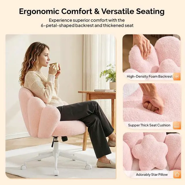 Alt view image 3 of 6 - Lovely Petal Vanity Desk Chair with Star Pillow, Height Adjustable Armless Swivel Chair in Vibrant Color-Blocking, Modern Computer Task Chair for Bedroom & Home Office, Teddy Fleece,Pink