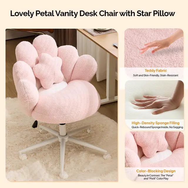 Alt view image 4 of 6 - Lovely Petal Vanity Desk Chair with Star Pillow, Height Adjustable Armless Swivel Chair in Vibrant Color-Blocking, Modern Computer Task Chair for Bedroom & Home Office, Teddy Fleece,Pink