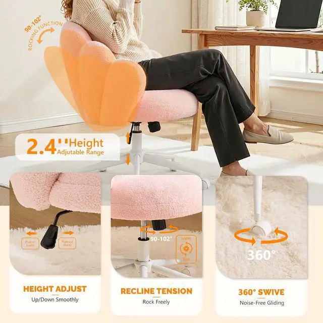 Alt view image 5 of 6 - Lovely Petal Vanity Desk Chair with Star Pillow, Height Adjustable Armless Swivel Chair in Vibrant Color-Blocking, Modern Computer Task Chair for Bedroom & Home Office, Teddy Fleece,Pink