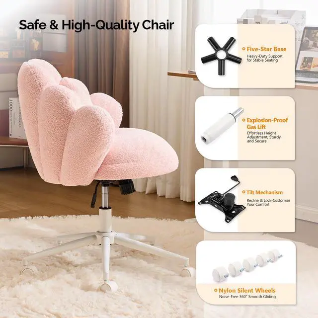 Alt view image 6 of 6 - Lovely Petal Vanity Desk Chair with Star Pillow, Height Adjustable Armless Swivel Chair in Vibrant Color-Blocking, Modern Computer Task Chair for Bedroom & Home Office, Teddy Fleece,Pink