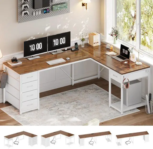 Main image of 57" L Shaped Desk with 5 Drawers, Reversible Computer Corner Desk with Storage & Power Strip for Home Office, 78.7" Long 2 Person Desk, Brown+White