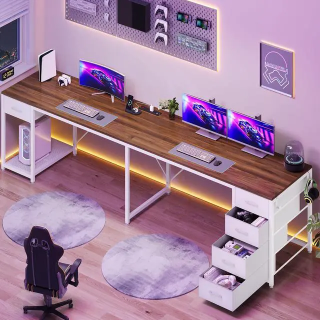 Alt view image 2 of 6 - 57" L Shaped Desk with 5 Drawers, Reversible Computer Corner Desk with Storage & Power Strip for Home Office, 78.7" Long 2 Person Desk, Brown+White