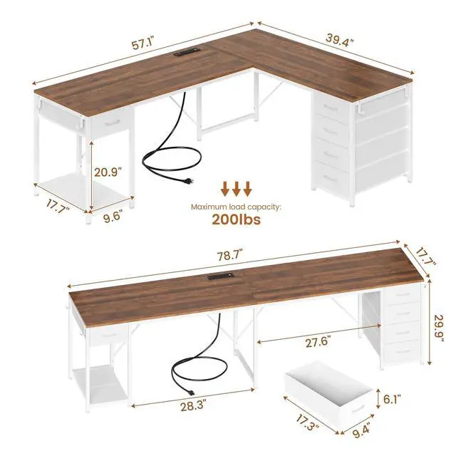 Alt view image 3 of 6 - 57" L Shaped Desk with 5 Drawers, Reversible Computer Corner Desk with Storage & Power Strip for Home Office, 78.7" Long 2 Person Desk, Brown+White