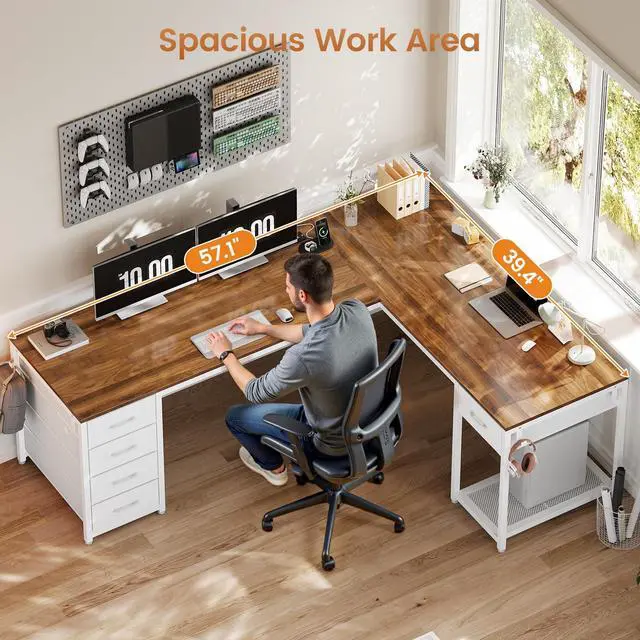 Alt view image 4 of 6 - 57" L Shaped Desk with 5 Drawers, Reversible Computer Corner Desk with Storage & Power Strip for Home Office, 78.7" Long 2 Person Desk, Brown+White