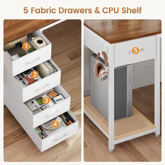 Alt view image 5 of 6 - 57" L Shaped Desk with 5 Drawers, Reversible Computer Corner Desk with Storage & Power Strip for Home Office, 78.7" Long 2 Person Desk, Brown+White