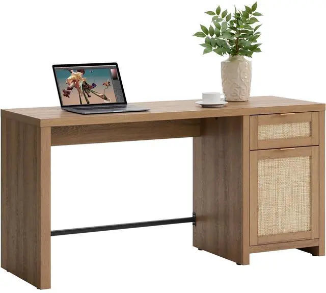 Main image of Rattan Computer Desk Wood Desk with Drawer, 59" Home Office Desk | Large Boho Farmhouse Writing Table Vanity Desk with Cabinet for Office, Study, Living Room, Dining Room