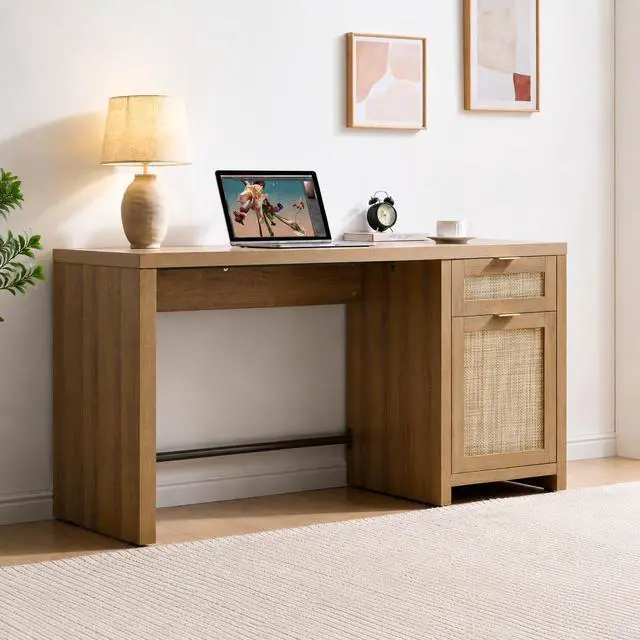 Alt view image 2 of 6 - Rattan Computer Desk Wood Desk with Drawer, 59" Home Office Desk | Large Boho Farmhouse Writing Table Vanity Desk with Cabinet for Office, Study, Living Room, Dining Room