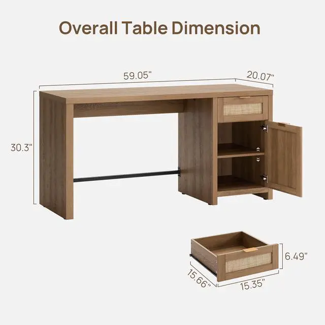 Alt view image 3 of 6 - Rattan Computer Desk Wood Desk with Drawer, 59" Home Office Desk | Large Boho Farmhouse Writing Table Vanity Desk with Cabinet for Office, Study, Living Room, Dining Room