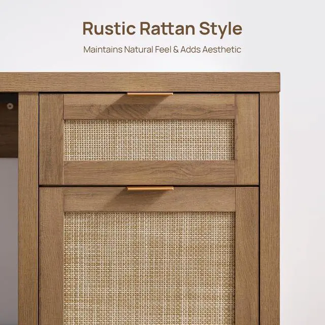 Alt view image 5 of 6 - Rattan Computer Desk Wood Desk with Drawer, 59" Home Office Desk | Large Boho Farmhouse Writing Table Vanity Desk with Cabinet for Office, Study, Living Room, Dining Room