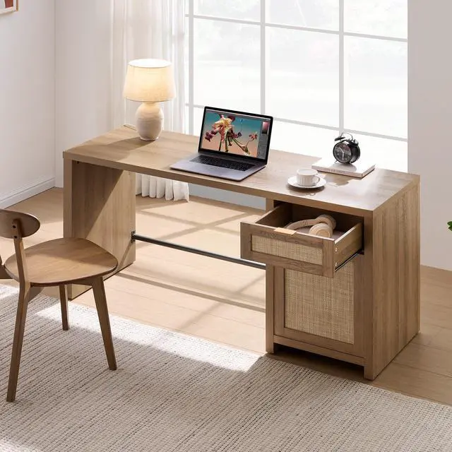 Alt view image 6 of 6 - Rattan Computer Desk Wood Desk with Drawer, 59" Home Office Desk | Large Boho Farmhouse Writing Table Vanity Desk with Cabinet for Office, Study, Living Room, Dining Room
