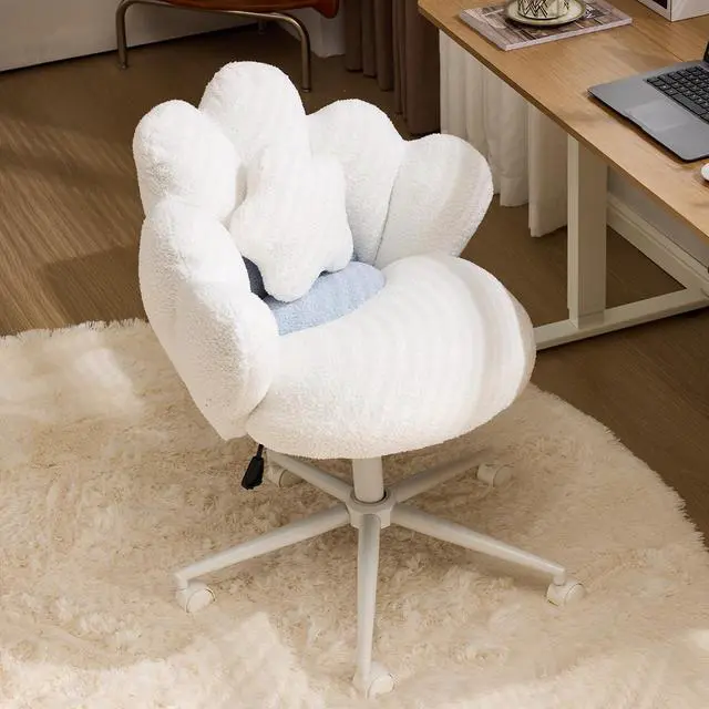 Main image of Lovely Petal Vanity Desk Chair with Star Pillow, Height Adjustable Armless Swivel Chair in Vibrant Color-Blocking, Modern Computer Task Chair for Bedroom & Home Office, Teddy Fleece,White