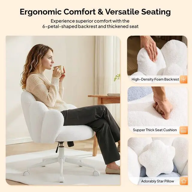 Alt view image 2 of 6 - Lovely Petal Vanity Desk Chair with Star Pillow, Height Adjustable Armless Swivel Chair in Vibrant Color-Blocking, Modern Computer Task Chair for Bedroom & Home Office, Teddy Fleece,White