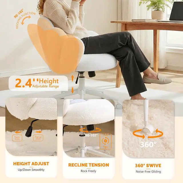 Alt view image 3 of 6 - Lovely Petal Vanity Desk Chair with Star Pillow, Height Adjustable Armless Swivel Chair in Vibrant Color-Blocking, Modern Computer Task Chair for Bedroom & Home Office, Teddy Fleece,White