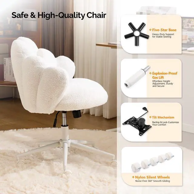 Alt view image 4 of 6 - Lovely Petal Vanity Desk Chair with Star Pillow, Height Adjustable Armless Swivel Chair in Vibrant Color-Blocking, Modern Computer Task Chair for Bedroom & Home Office, Teddy Fleece,White