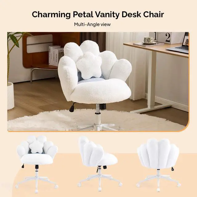 Alt view image 5 of 6 - Lovely Petal Vanity Desk Chair with Star Pillow, Height Adjustable Armless Swivel Chair in Vibrant Color-Blocking, Modern Computer Task Chair for Bedroom & Home Office, Teddy Fleece,White