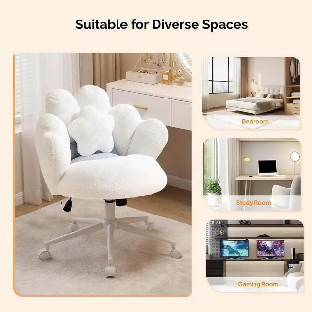 Alt view image 6 of 6 - Lovely Petal Vanity Desk Chair with Star Pillow, Height Adjustable Armless Swivel Chair in Vibrant Color-Blocking, Modern Computer Task Chair for Bedroom & Home Office, Teddy Fleece,White