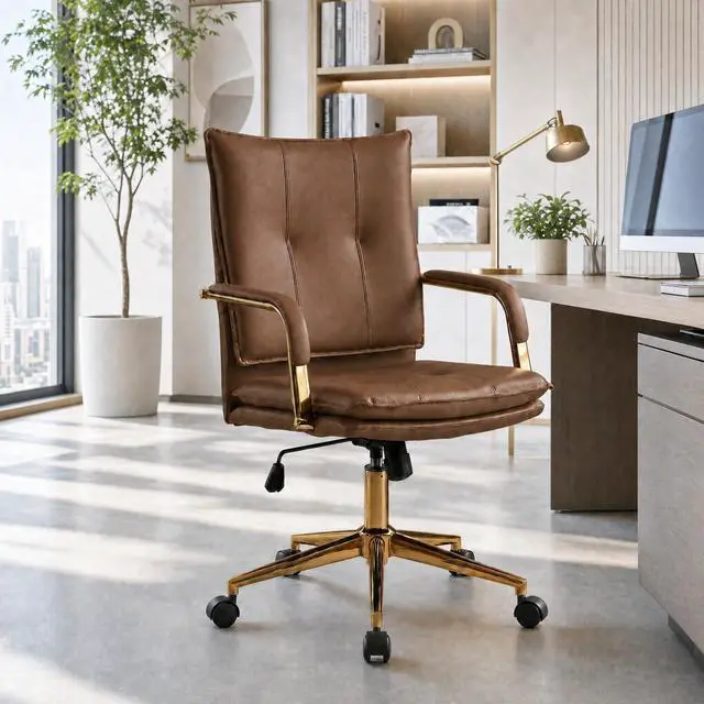 Main image of Office Chair, Leather Desk Chair, Brown Desk Chair, Mid Century Modern Office Chair, Swivel Comfy Upholstered Wide Seat Chair with Gold Legs and Armrests for Home, Office (Brown&Golden)