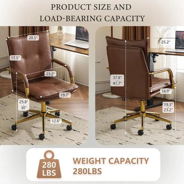 Alt view image 2 of 6 - Office Chair, Leather Desk Chair, Brown Desk Chair, Mid Century Modern Office Chair, Swivel Comfy Upholstered Wide Seat Chair with Gold Legs and Armrests for Home, Office (Brown&Golden)
