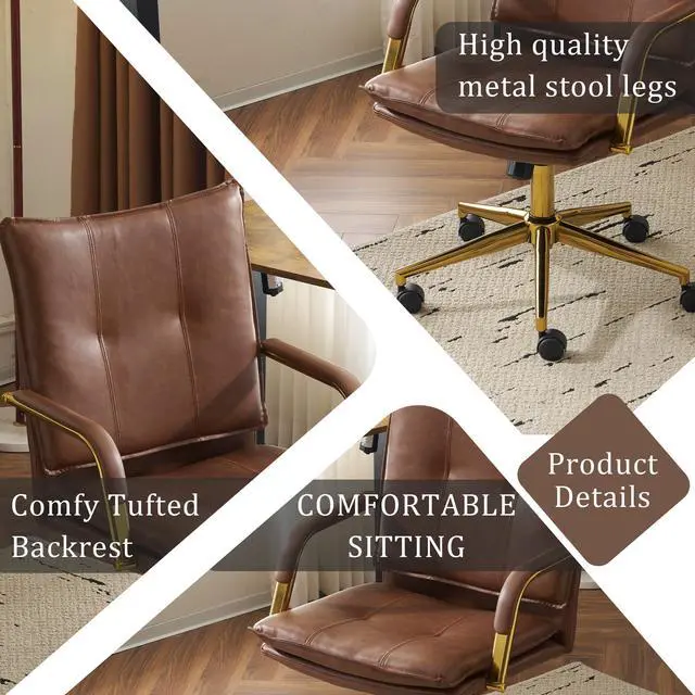Alt view image 3 of 6 - Office Chair, Leather Desk Chair, Brown Desk Chair, Mid Century Modern Office Chair, Swivel Comfy Upholstered Wide Seat Chair with Gold Legs and Armrests for Home, Office (Brown&Golden)