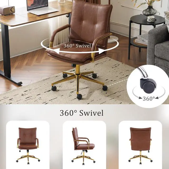 Alt view image 4 of 6 - Office Chair, Leather Desk Chair, Brown Desk Chair, Mid Century Modern Office Chair, Swivel Comfy Upholstered Wide Seat Chair with Gold Legs and Armrests for Home, Office (Brown&Golden)