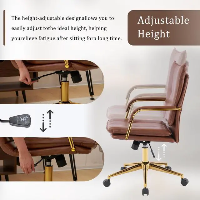Alt view image 5 of 6 - Office Chair, Leather Desk Chair, Brown Desk Chair, Mid Century Modern Office Chair, Swivel Comfy Upholstered Wide Seat Chair with Gold Legs and Armrests for Home, Office (Brown&Golden)
