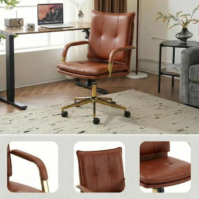 Alt view image 6 of 6 - Office Chair, Leather Desk Chair, Brown Desk Chair, Mid Century Modern Office Chair, Swivel Comfy Upholstered Wide Seat Chair with Gold Legs and Armrests for Home, Office (Brown&Golden)