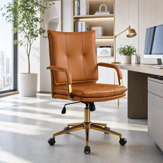 Main image of Office Chair, Leather Desk Chair, Brown Desk Chair, Mid Century Modern Office Chair, Swivel Comfy Upholstered Wide Seat Chair with Gold Legs and Armrests for Home, Office (Camel&Golden)