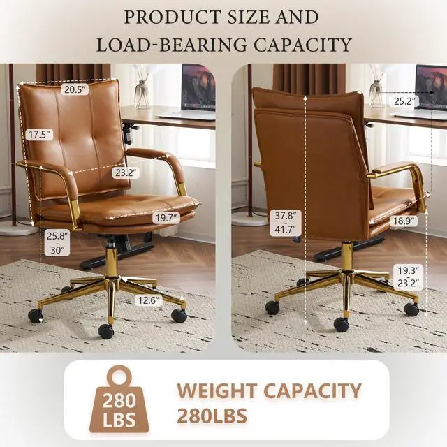 Alt view image 2 of 6 - Office Chair, Leather Desk Chair, Brown Desk Chair, Mid Century Modern Office Chair, Swivel Comfy Upholstered Wide Seat Chair with Gold Legs and Armrests for Home, Office (Camel&Golden)