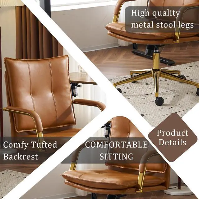Alt view image 3 of 6 - Office Chair, Leather Desk Chair, Brown Desk Chair, Mid Century Modern Office Chair, Swivel Comfy Upholstered Wide Seat Chair with Gold Legs and Armrests for Home, Office (Camel&Golden)