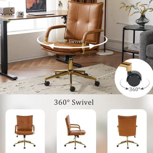 Alt view image 4 of 6 - Office Chair, Leather Desk Chair, Brown Desk Chair, Mid Century Modern Office Chair, Swivel Comfy Upholstered Wide Seat Chair with Gold Legs and Armrests for Home, Office (Camel&Golden)
