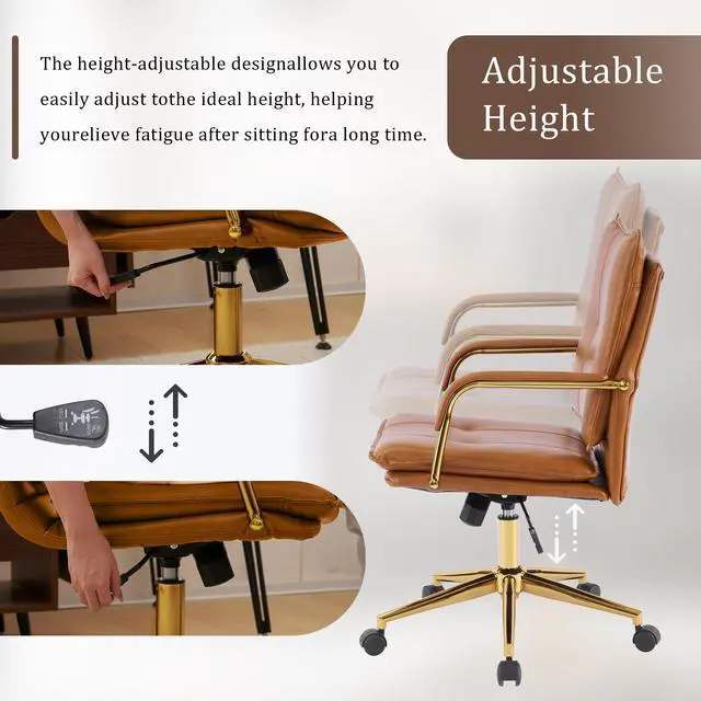 Alt view image 5 of 6 - Office Chair, Leather Desk Chair, Brown Desk Chair, Mid Century Modern Office Chair, Swivel Comfy Upholstered Wide Seat Chair with Gold Legs and Armrests for Home, Office (Camel&Golden)