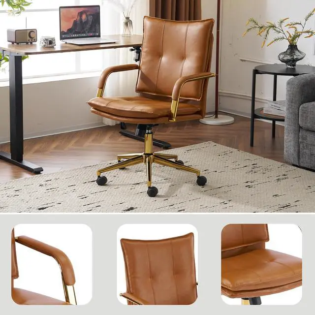 Alt view image 6 of 6 - Office Chair, Leather Desk Chair, Brown Desk Chair, Mid Century Modern Office Chair, Swivel Comfy Upholstered Wide Seat Chair with Gold Legs and Armrests for Home, Office (Camel&Golden)