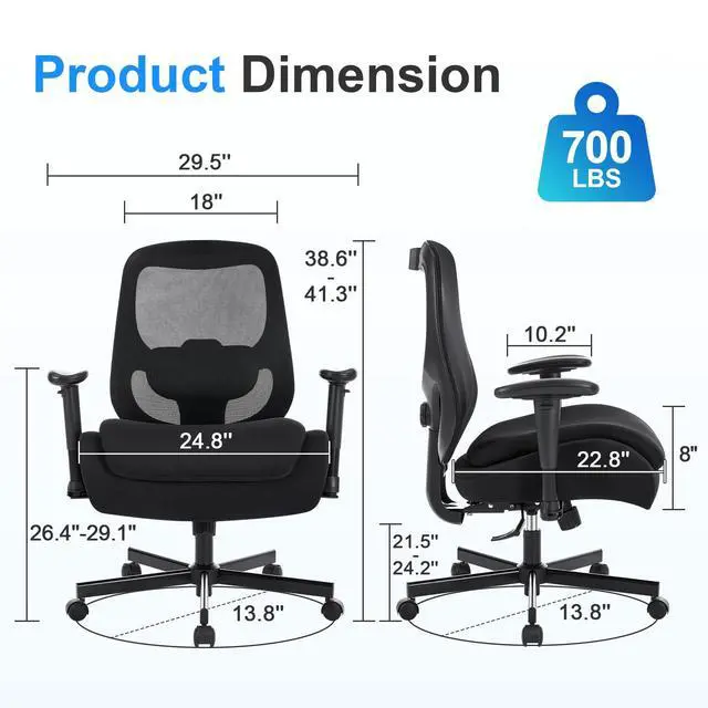 Alt view image 3 of 6 - Big and Tall Office Chair with Wide Thick Seat Cushion for Heavy People,700lbs Ergonomic Mesh Desk Chair with Adjustable Lumbar Support and Armrests for Adults Sitting All Day