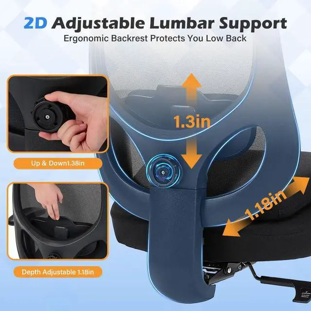 Alt view image 5 of 6 - Big and Tall Office Chair with Wide Thick Seat Cushion for Heavy People,700lbs Ergonomic Mesh Desk Chair with Adjustable Lumbar Support and Armrests for Adults Sitting All Day