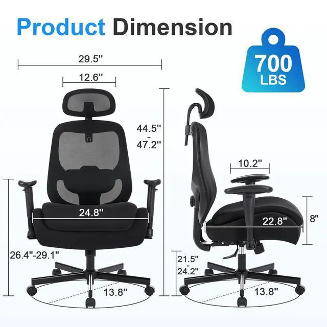 Alt view image 3 of 6 - Big and Tall Office Chair with Wide Thick Seat Cushion for Heavy People,700lbs Ergonomic Mesh Desk Chair with Adjustable Lumbar Support and Headrest, Armrests for Adults Sitting All Day