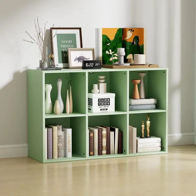 Main image of Wooden 6 Cube Storage Organizer with Closed Back Panel, Modern Open Cube Storage Shelf Bookshelf with Compartments, Cube Shelf Organizer for Living Room, Bedroom, Study Room, Green